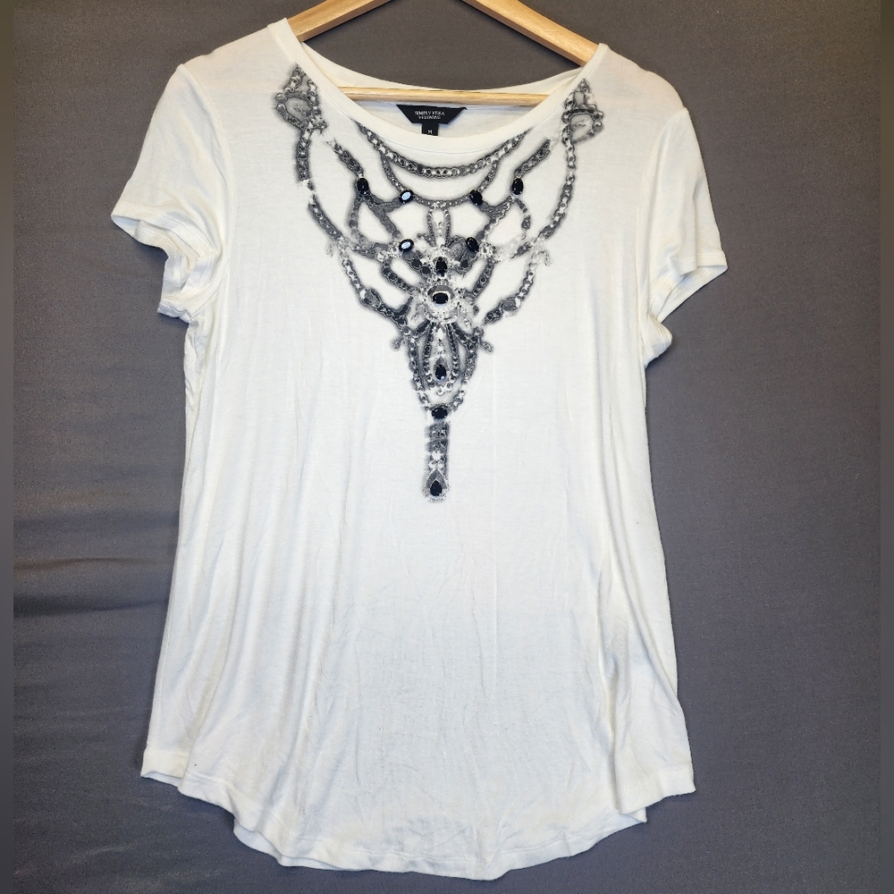 ​Simply Vera Vera Wang Y2K Gem Necklace Print Tee MED White Embellished Designer